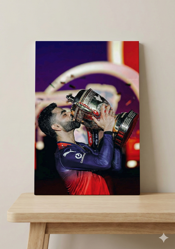Cricket Metal Poster | Virat Kohli RCB Wins IPL Trophy 2025 – Historic Victory Metal Poster